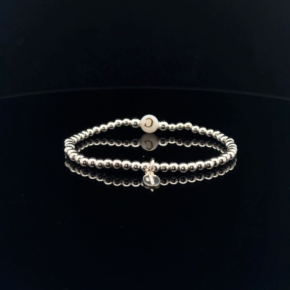 925 Sterling Silver Beaded Stretch Stacking Bracelet MOP Letter Initial C - Picture 5 of 6